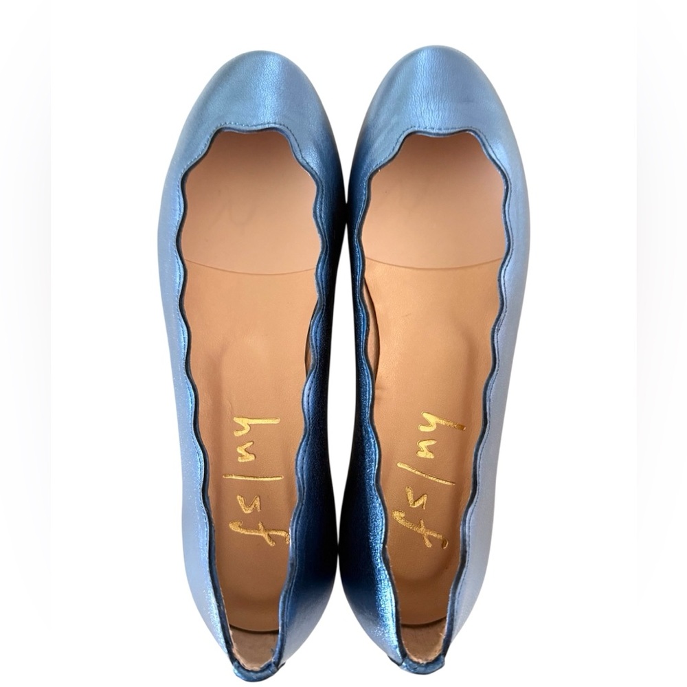 French Sole FS/NY Jigsaw Metallic Blue Leather Scalloped Ballet Flats - Picture 2 of 11
